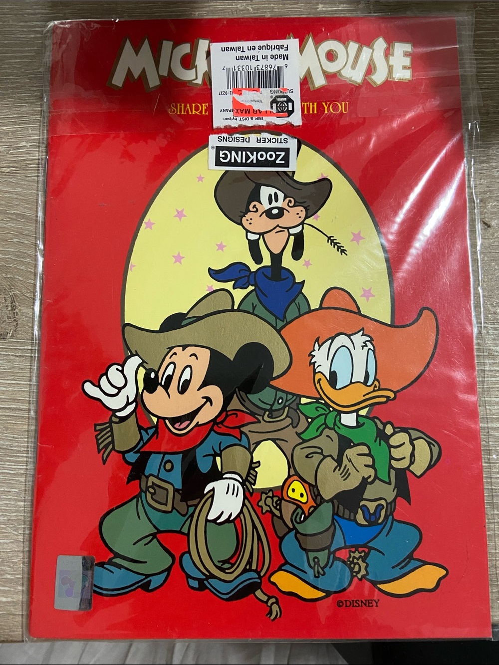 Vintage Disney Red Cowboy Trio Poster with Mickey, Donald & Goofy Sticker Book